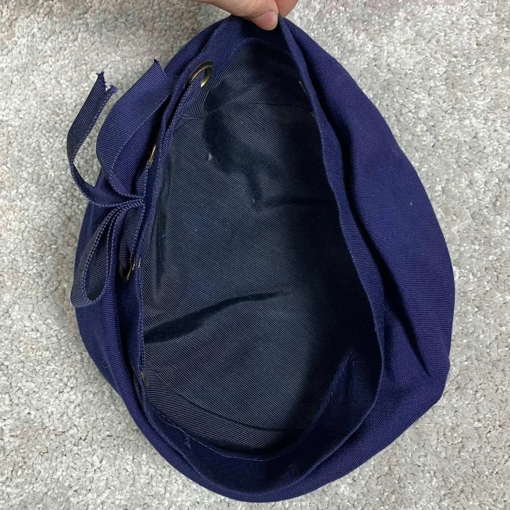 Vintage 50s French Beret Hat Women Medium Navy Blue Ribbon Grommet Detail 60s